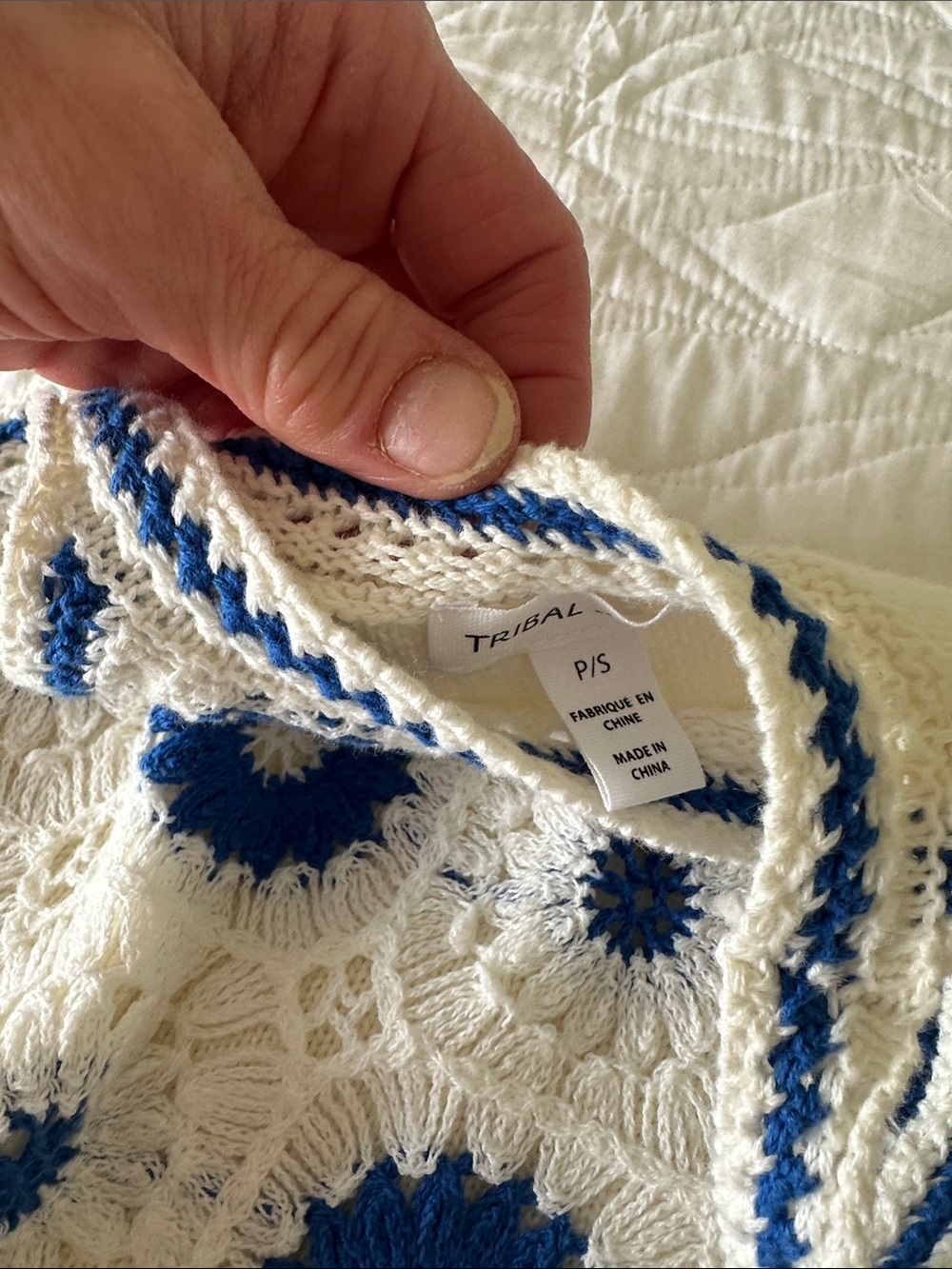 Tribal White Crochet Top with Blue Floral Accents - Picture 2 of 6